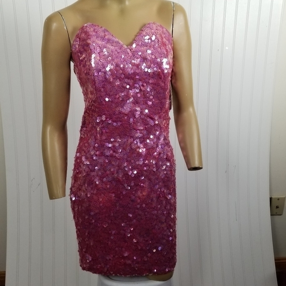 Modi NWT Strapless Mini Dress All Over Heavily Sequin Hot Pink Sweetheart Large - Picture 11 of 11